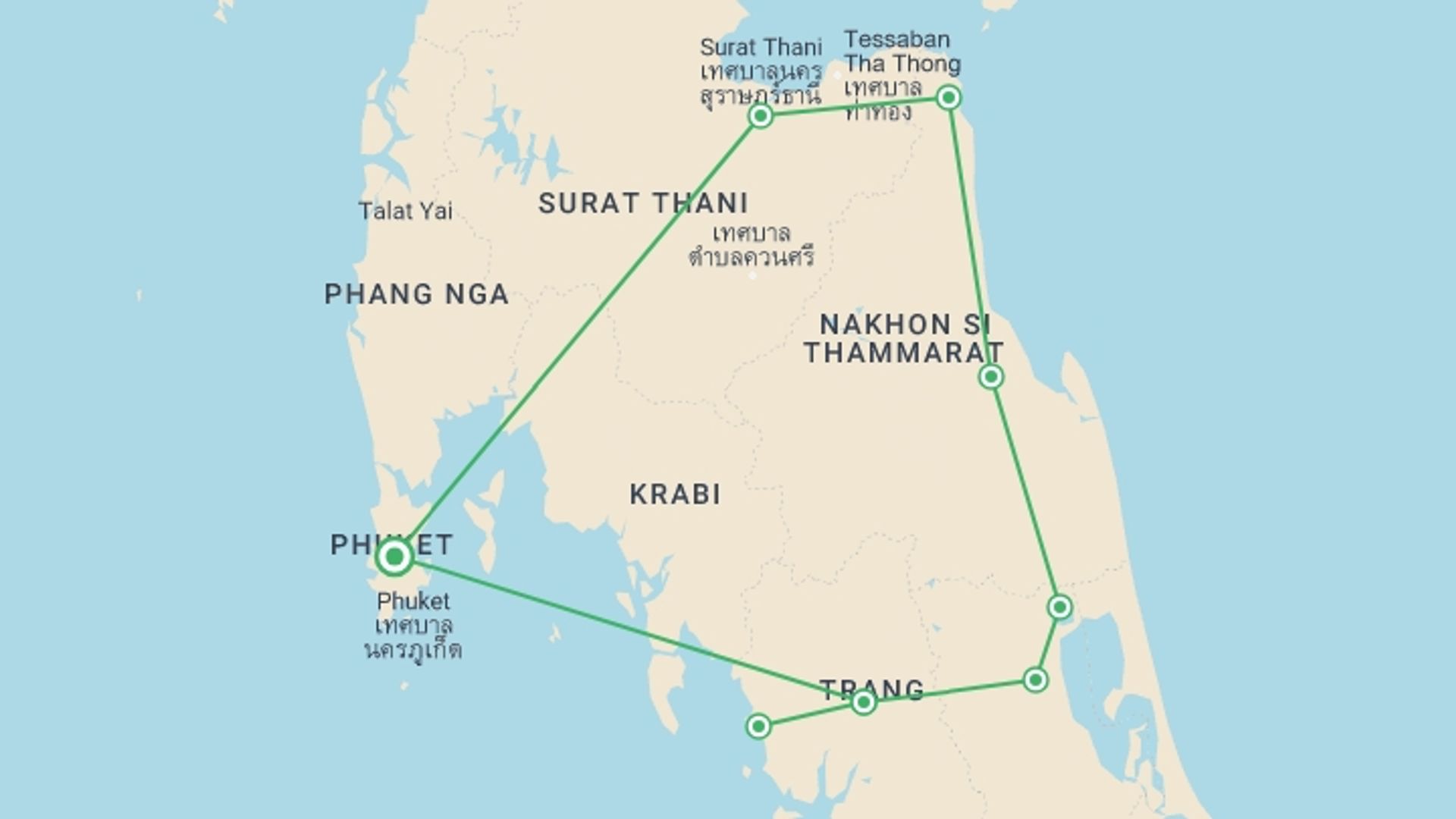 A map showing the tour itinerary for the trip: Andaman To Gulf, Private Tour, starting in Phuket, Thailand and ending in Phuket, Thailand going through 5 other destinations.