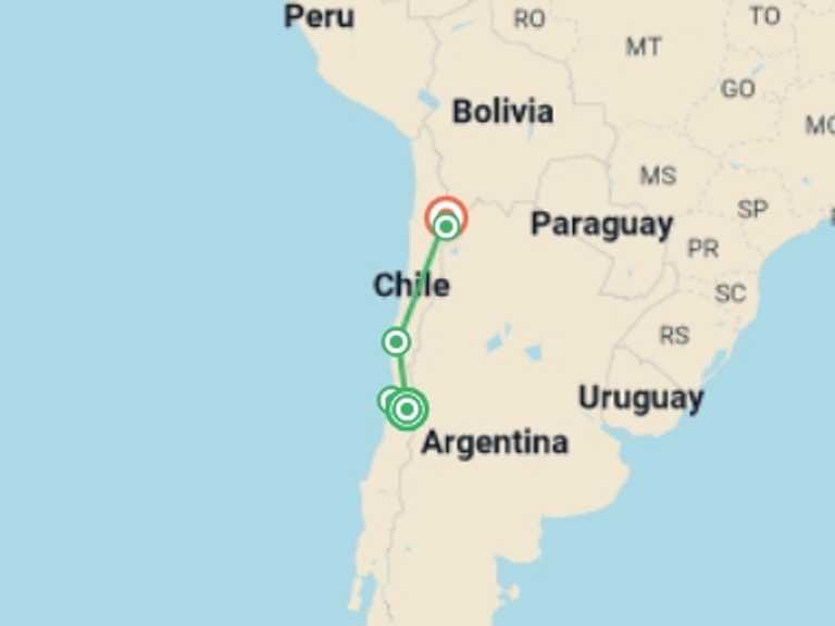 Map of South America Tour with 4 destination visits for the trip: 9-Day Trip Santiago and San Pedro de Atacama