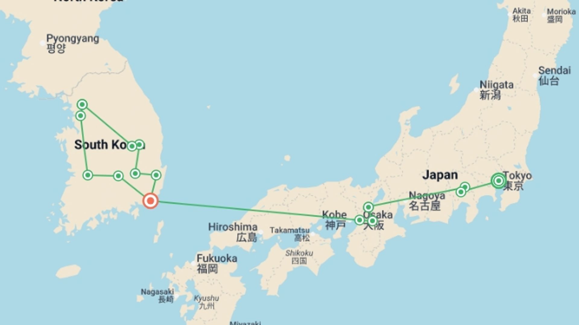 A map showing the tour itinerary for the trip: Essential Japan and Complete Korea, starting in Tokyo, Japan and ending in Busan, South Korea going through 6 other destinations.
