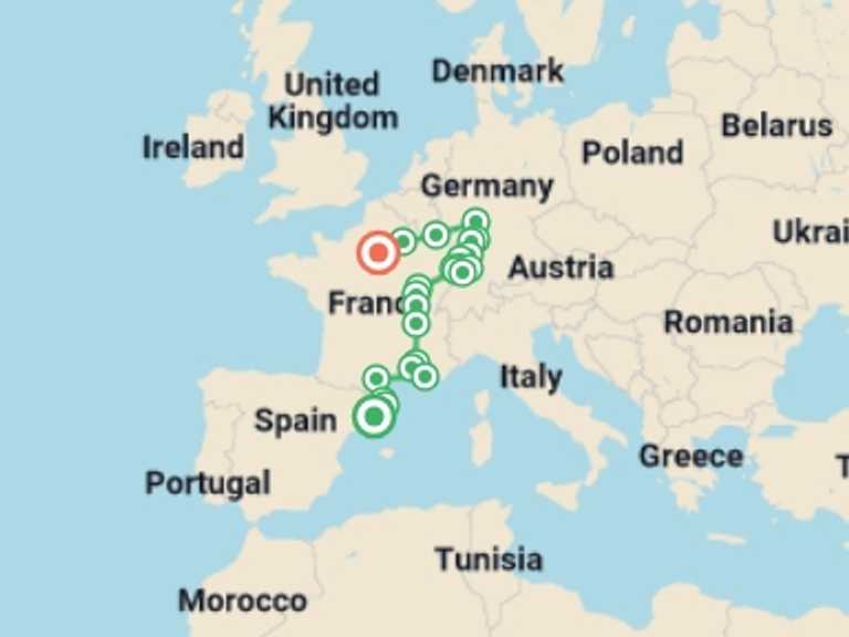 Map itinerary of Mediterranean Tour in March 2027 with 9 destination visits for the trip: Catalonia, south of France, Burgundy, Alsace and Black Forest
