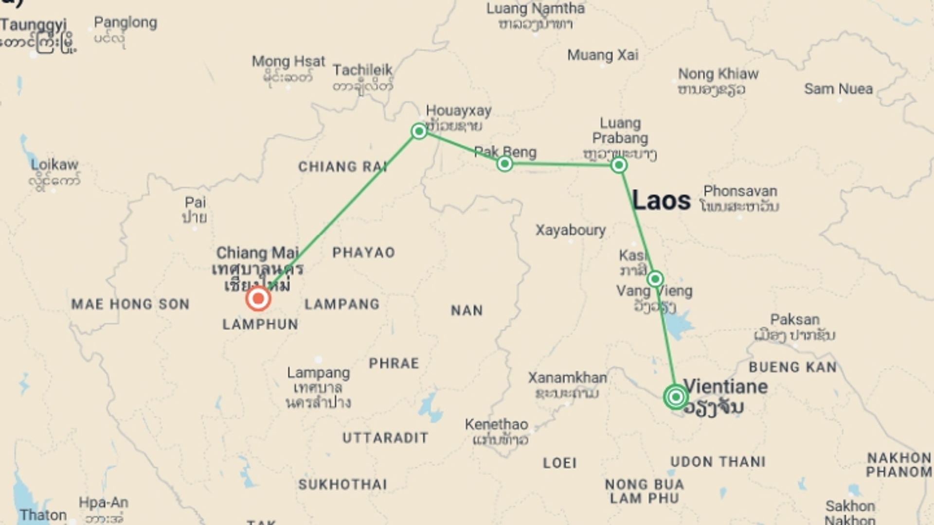 A map showing the tour itinerary for the trip: Laos: Sunrises & Street Food, starting in Vientiane, Laos and ending in Chiang Mai, Thailand going through 4 other destinations.