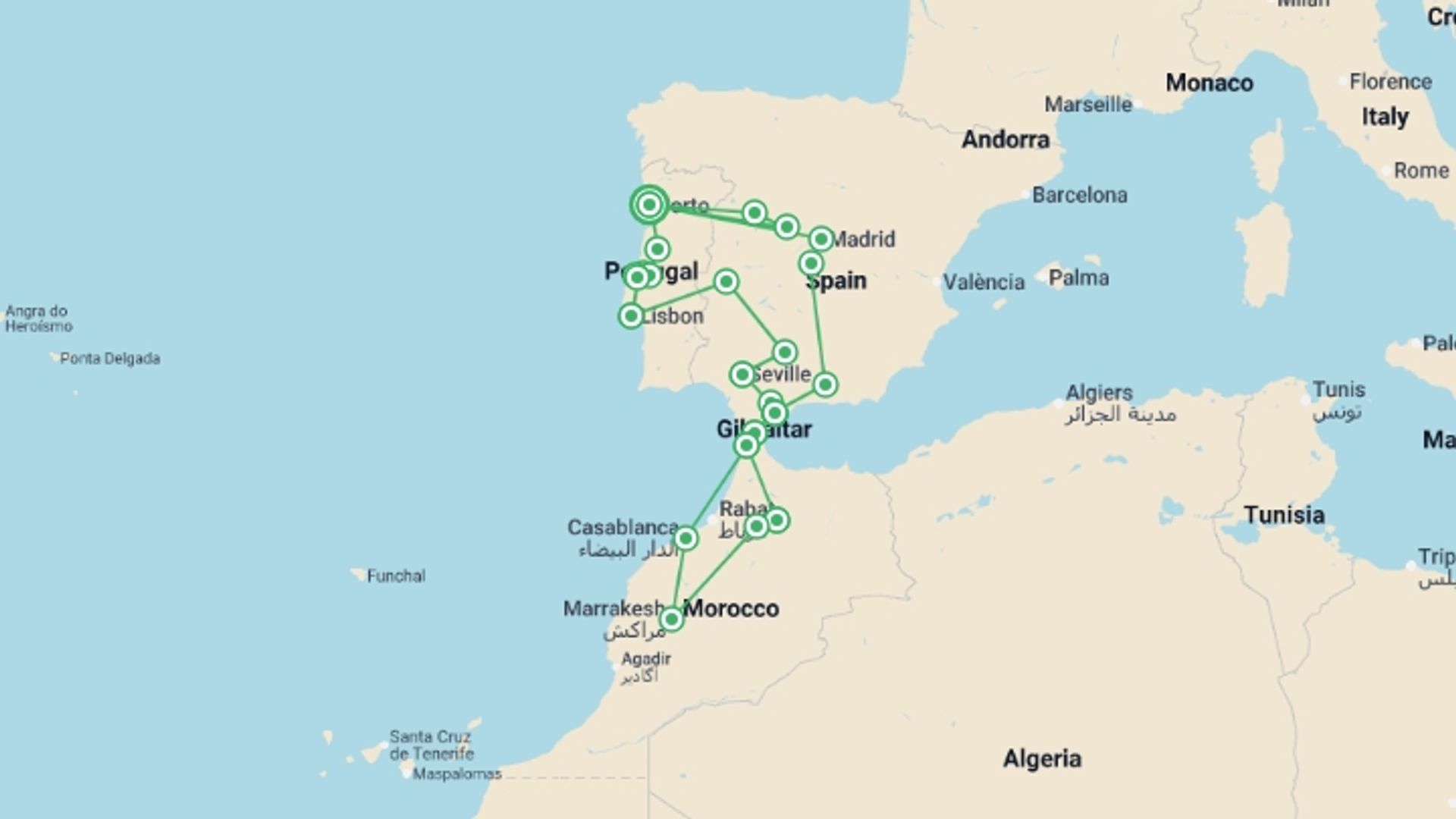 A map showing the tour itinerary for the trip: Portugal, Andalusia And Morocco (multi Country), starting in Porto, Portugal and ending in Porto, Portugal going through 10 other destinations.