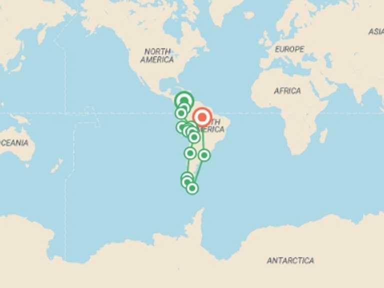 Map of South America Tour with 17 destination visits for the trip: Buenos Aires To Manaus Inc. Guianas (13 Weeks) Tra