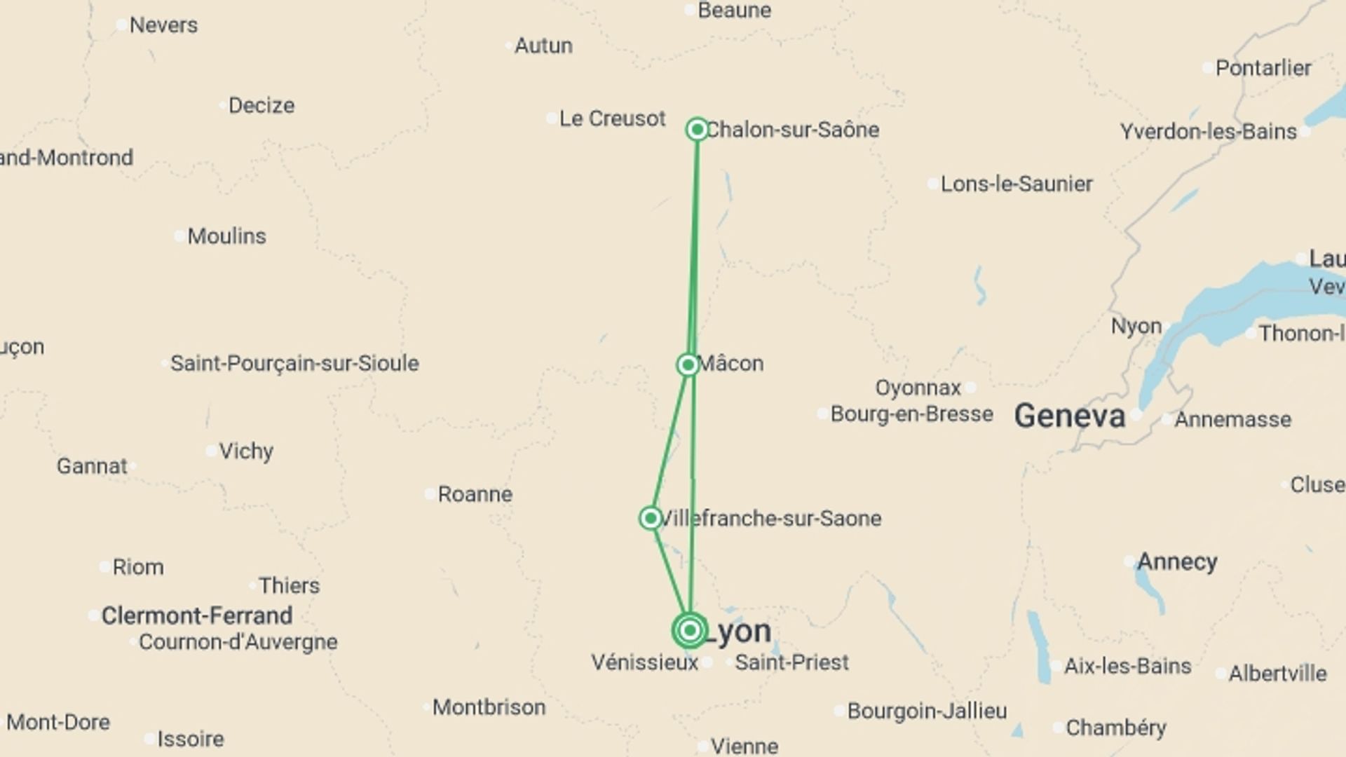A map showing the tour itinerary for the trip: Exceptional Wine Tasting Cruise in Burgundy: Beaujolais Nouveau (port-to-port cruise), starting in Lyon, France and ending in Lyon, France going through 3 other destinations.