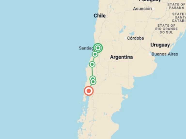 Map itinerary of South America Tour in November 2026 with 8 destination visits for the trip: Chile and the Lake District - 14 days