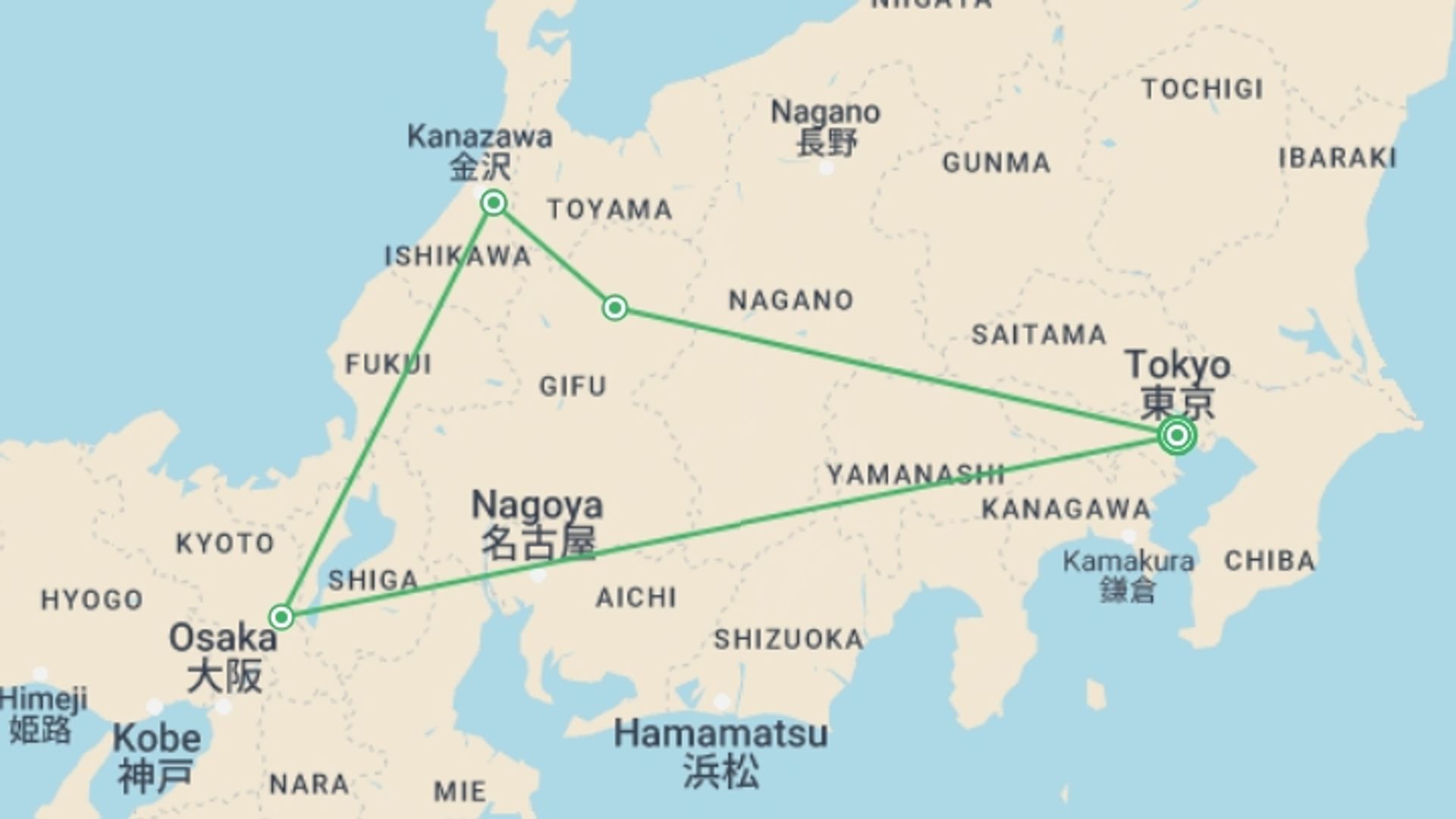 A map showing the tour itinerary for the trip: Feudal Japan, starting in Tokyo, Japan and ending in Tokyo, Japan going through 3 other destinations.