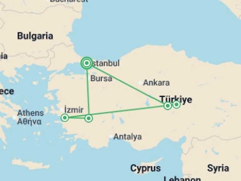 Map of Cappadocia Explorer Tour with 5 destination visits for the trip: Magical Nights of Turkey – Night Museums