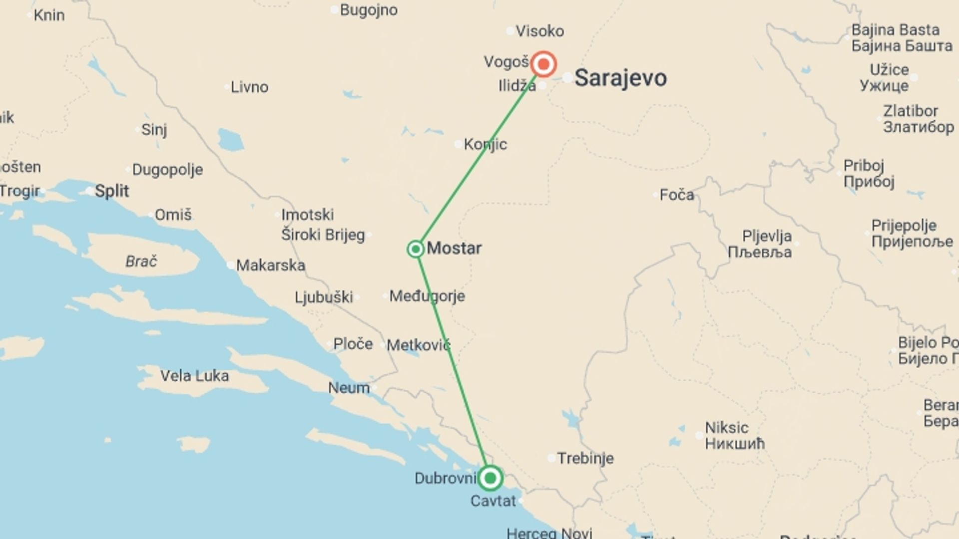A map showing the tour itinerary for the trip: Dubrovnik to Sarajevo - 4 days, starting in Dubrovnik, Croatia and ending in Sarajevo, Bosnia Herzegovina going through 1 other destinations.