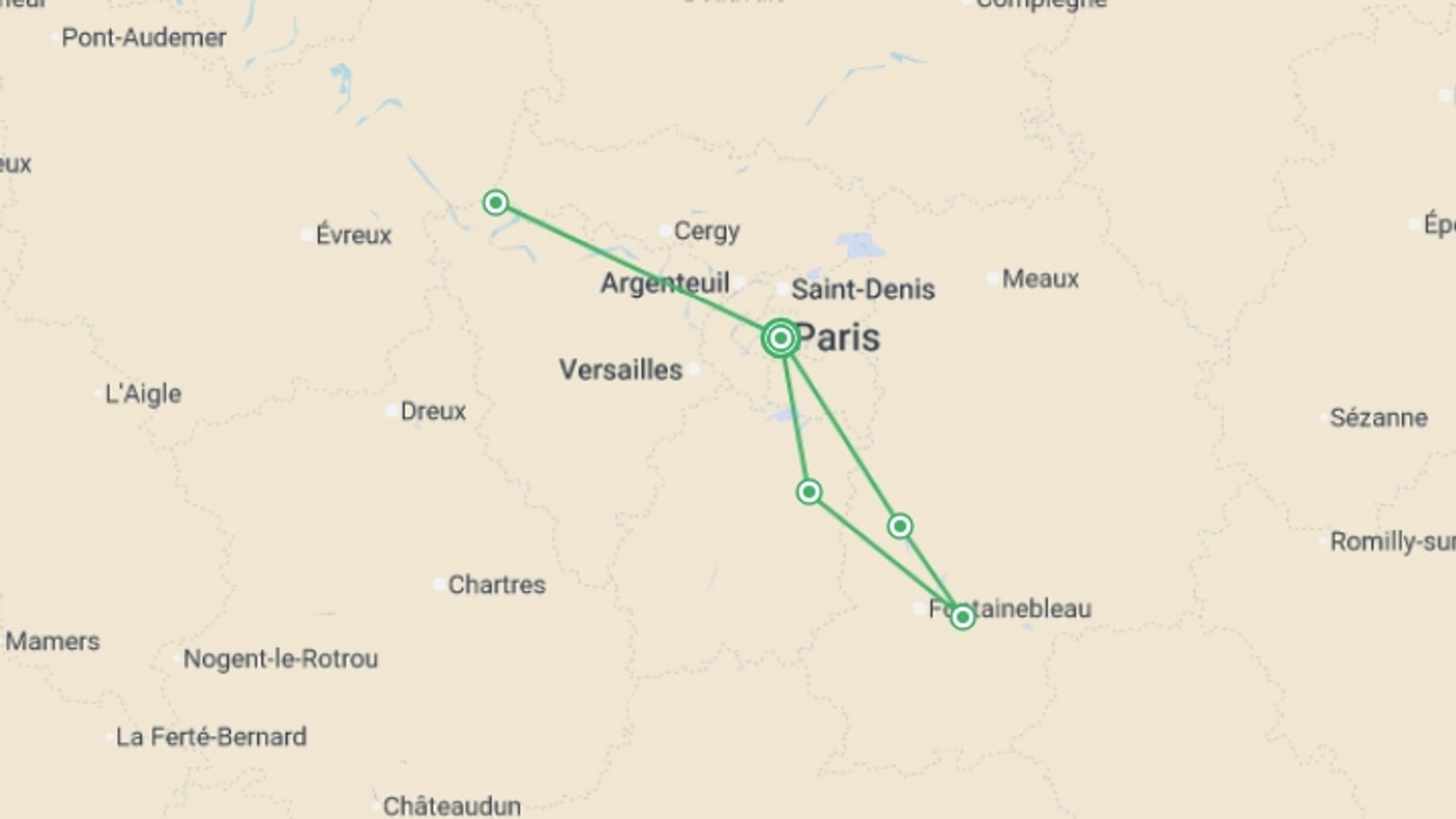A map showing the tour itinerary for the trip: Little Gems of the Seine: Between Bucolic Stopovers and Royal Shores The Majestic Seine Aboard a Paddle-Wheel Boat (port-to-port cruise), starting in Paris, France and ending in Paris, France going through 3 other destinations.