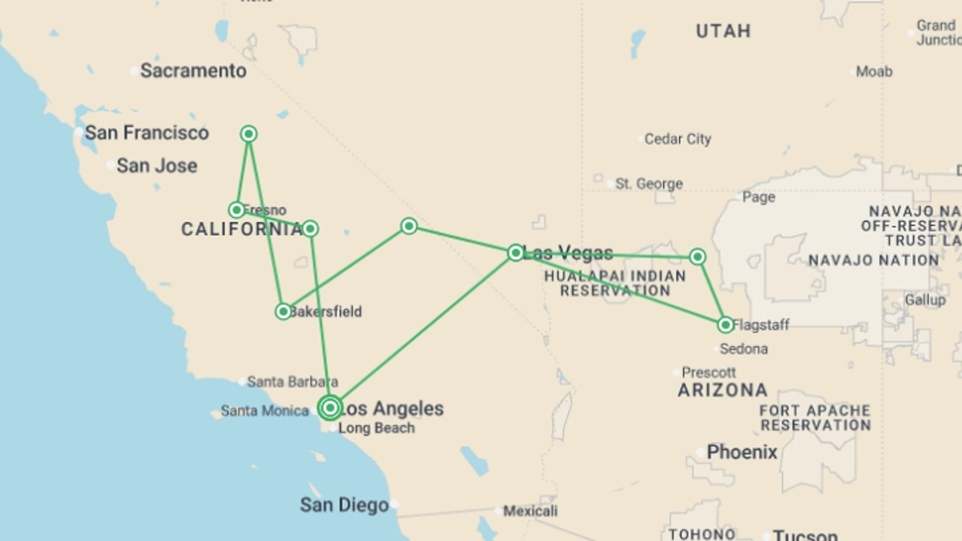 A map showing the tour itinerary for the trip: Los Angeles, Las Vegas with National Parks ROT, starting in Los Angeles, USA and ending in Los Angeles, USA going through 4 other destinations.