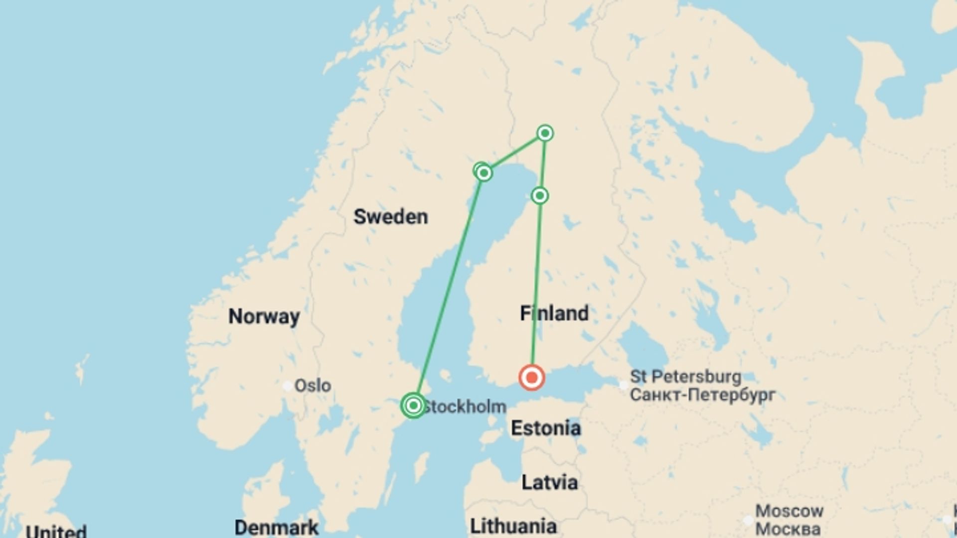 A map showing the tour itinerary for the trip: Lapland: Santa & Sledding, starting in Stockholm, Sweden and ending in Helsinki, Finland going through 5 other destinations.