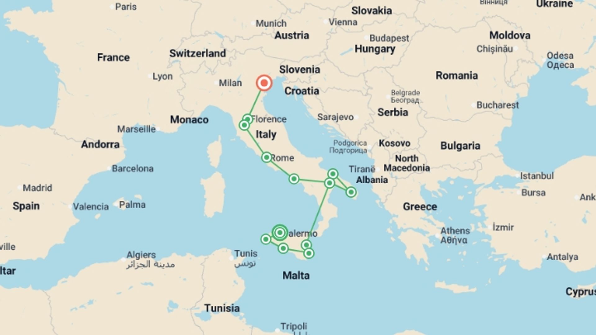 A map showing the tour itinerary for the trip: Premium Sicily and Italy in Depth, starting in Palermo, Italy and ending in Venice, Italy going through 11 other destinations.
