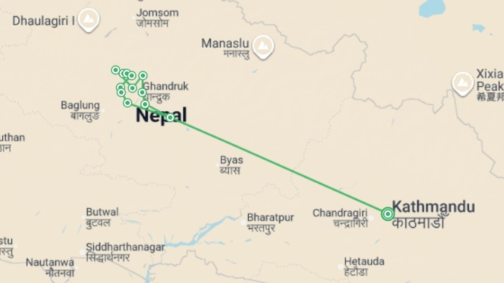A map showing the tour itinerary for the trip: Annapurna Dhaulagiri in Comfort, starting in Kathmandu, Nepal and ending in Kathmandu, Nepal going through 13 other destinations.