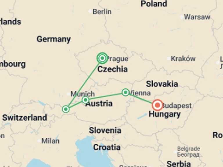 Map itinerary of Europe Tour in June 2026 with 5 destination visits for the trip: Eastern Whispers GO