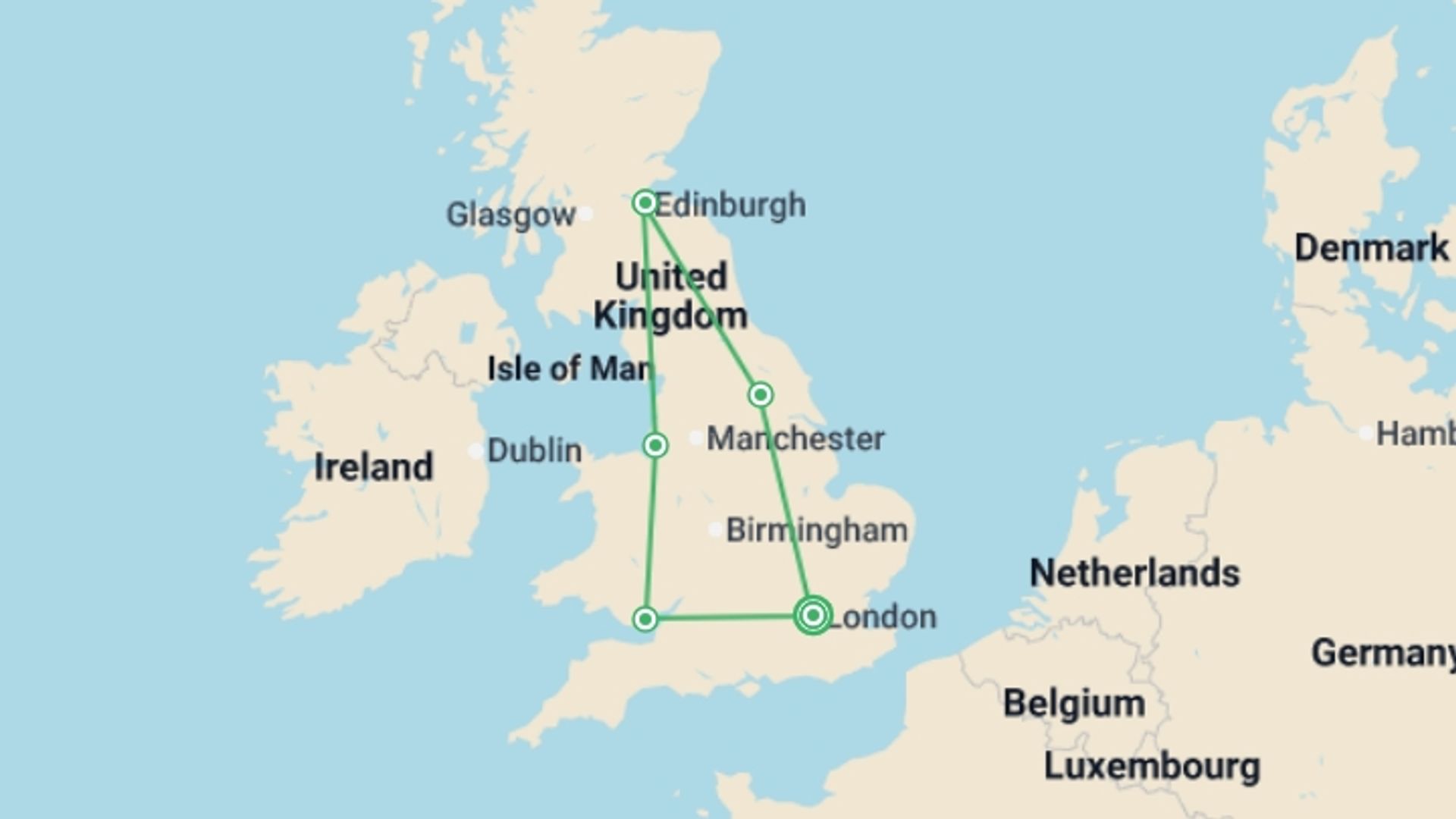 A map showing the tour itinerary for the trip: Real Britain, starting in London, England and ending in London, England going through 4 other destinations.