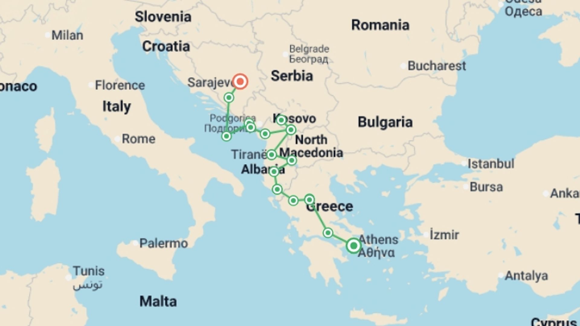 A map showing the tour itinerary for the trip: Greece & the Balkans - 14 days, starting in Athens, Greece and ending in Sarajevo, Bosnia Herzegovina going through 9 other destinations.