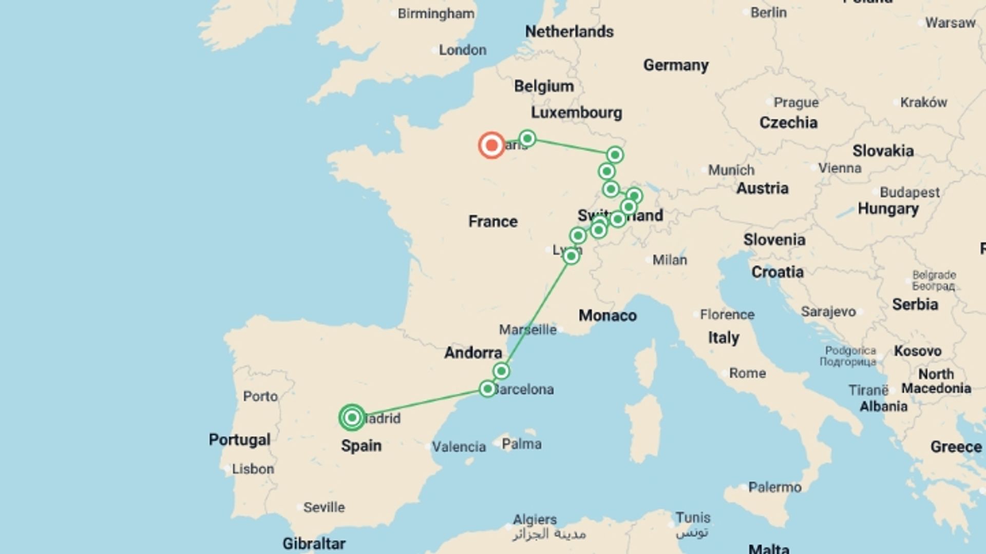 A map showing the tour itinerary for the trip: Spain and Switzerland with enchanted Alsace, starting in Madrid, Spain and ending in Paris, France going through 6 other destinations.