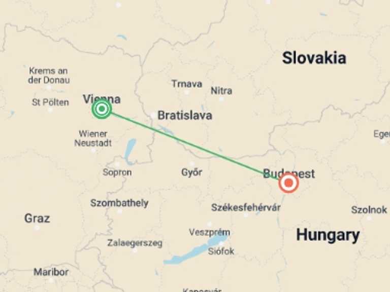 Map itinerary of Vienna Tour in March 2026 with 2 destination visits for the trip: Vienna and Budapest