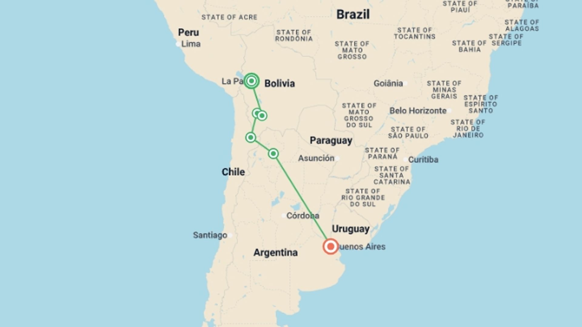 A map showing the tour itinerary for the trip: Real Bolivia & Argentina, starting in La Paz, Bolivia and ending in Buenos Aires, Argentina going through 4 other destinations.