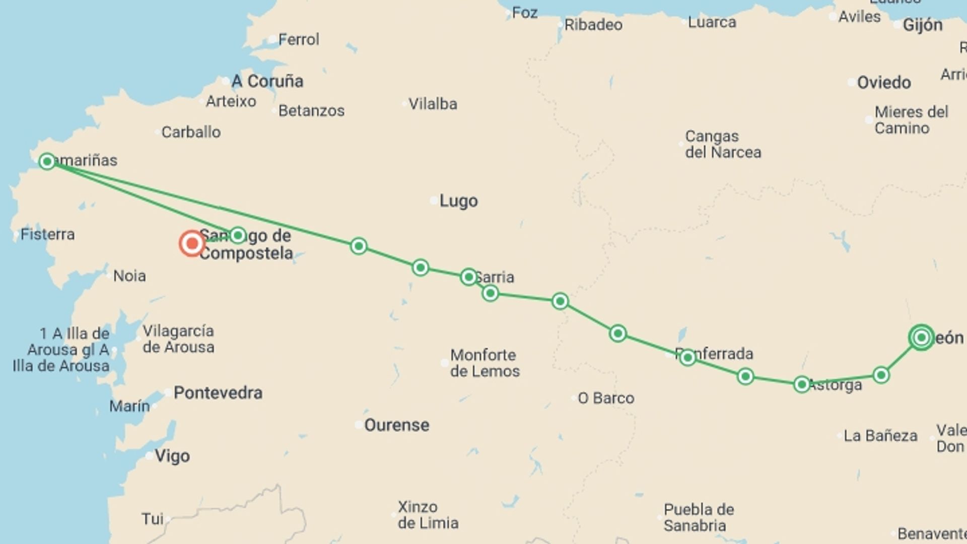A map showing the tour itinerary for the trip: Camino - Leon to Santiago, starting in Leon, Spain and ending in Santiago De Compostela, Spain going through 12 other destinations.