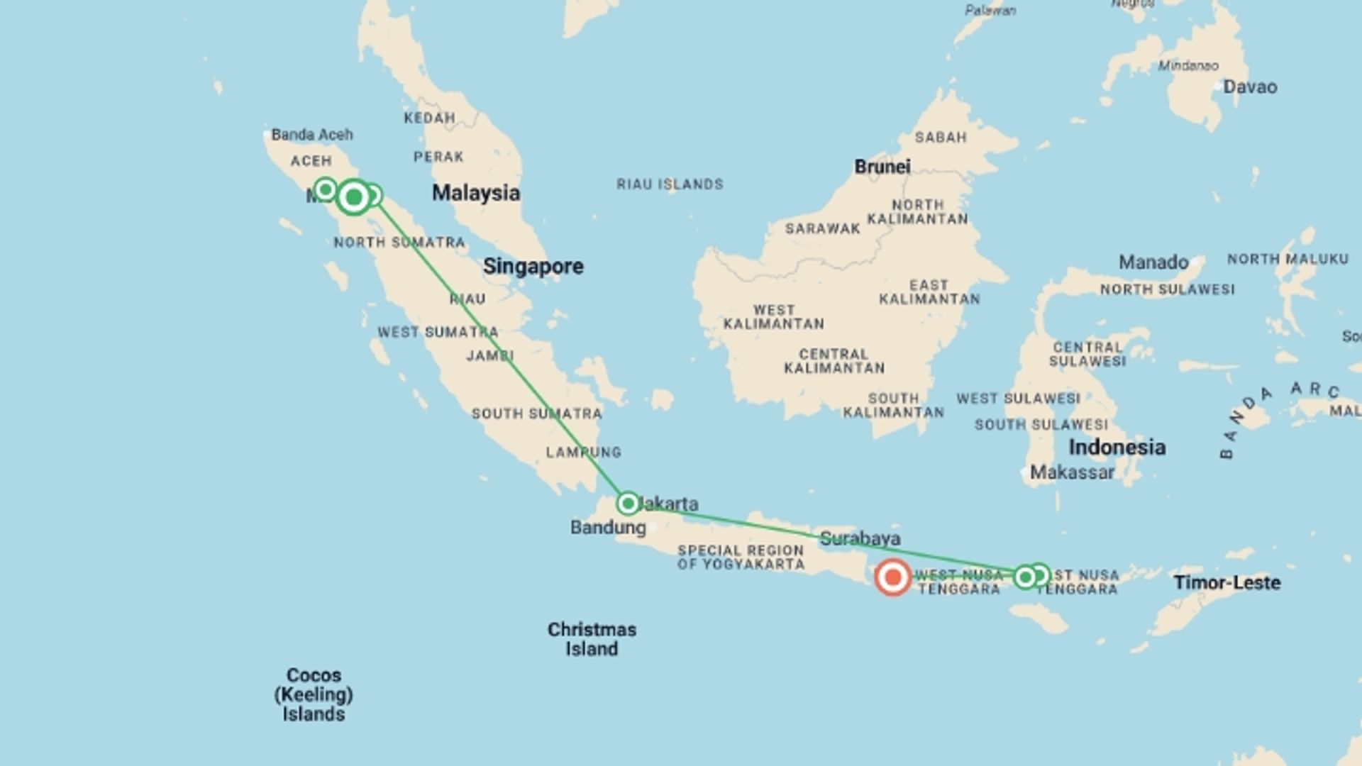 A map showing the tour itinerary for the trip: Primates & Dragons of Indonesia, starting in Sumatra, Indonesia and ending in Ubud, Indonesia going through 7 other destinations.