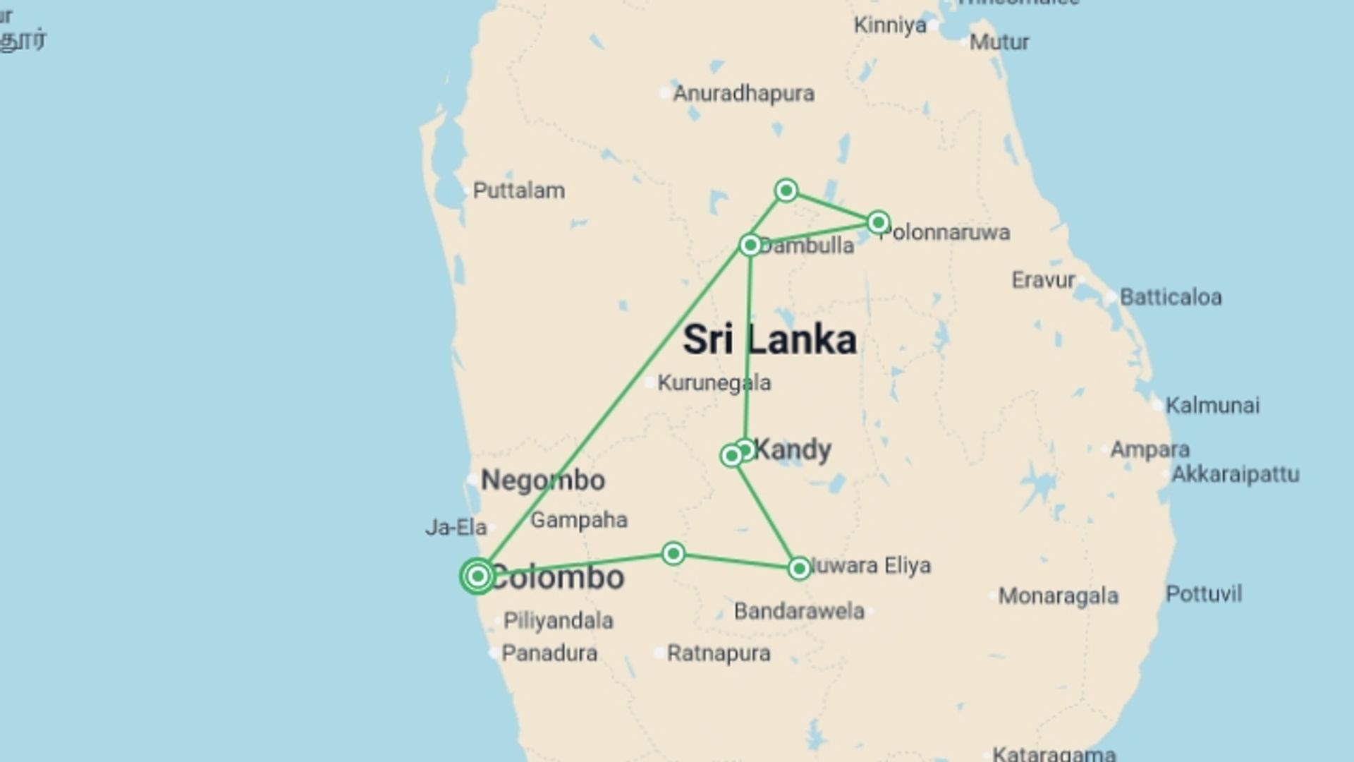 A map showing the tour itinerary for the trip: Cultural Highlights Of Sri Lanka 6 Days, Private Tour, starting in Colombo, Sri Lanka and ending in Colombo, Sri Lanka going through 2 other destinations.