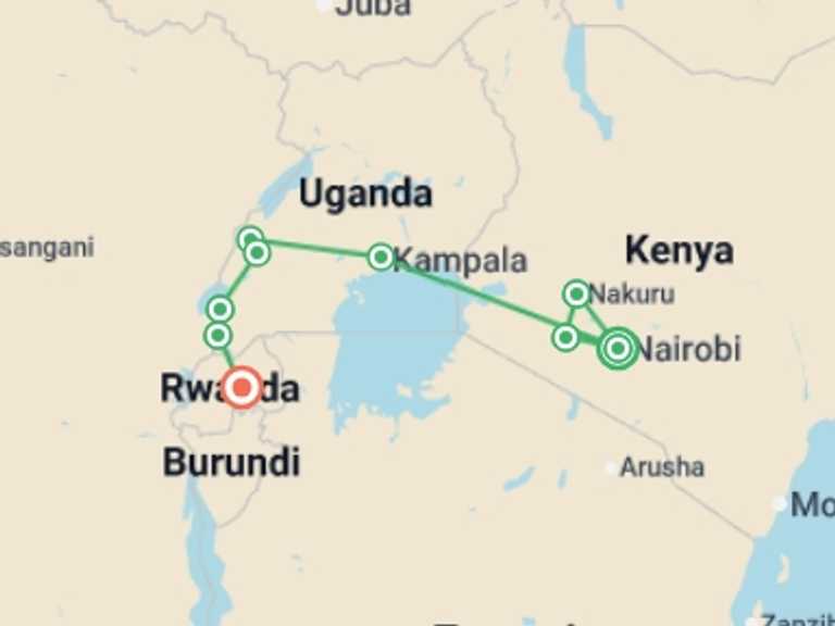 Map itinerary of Africa Tour in March 2027 with 9 destination visits for the trip: Kenya to Rwanda: The Maasai Mara, Gorillas & Chimps