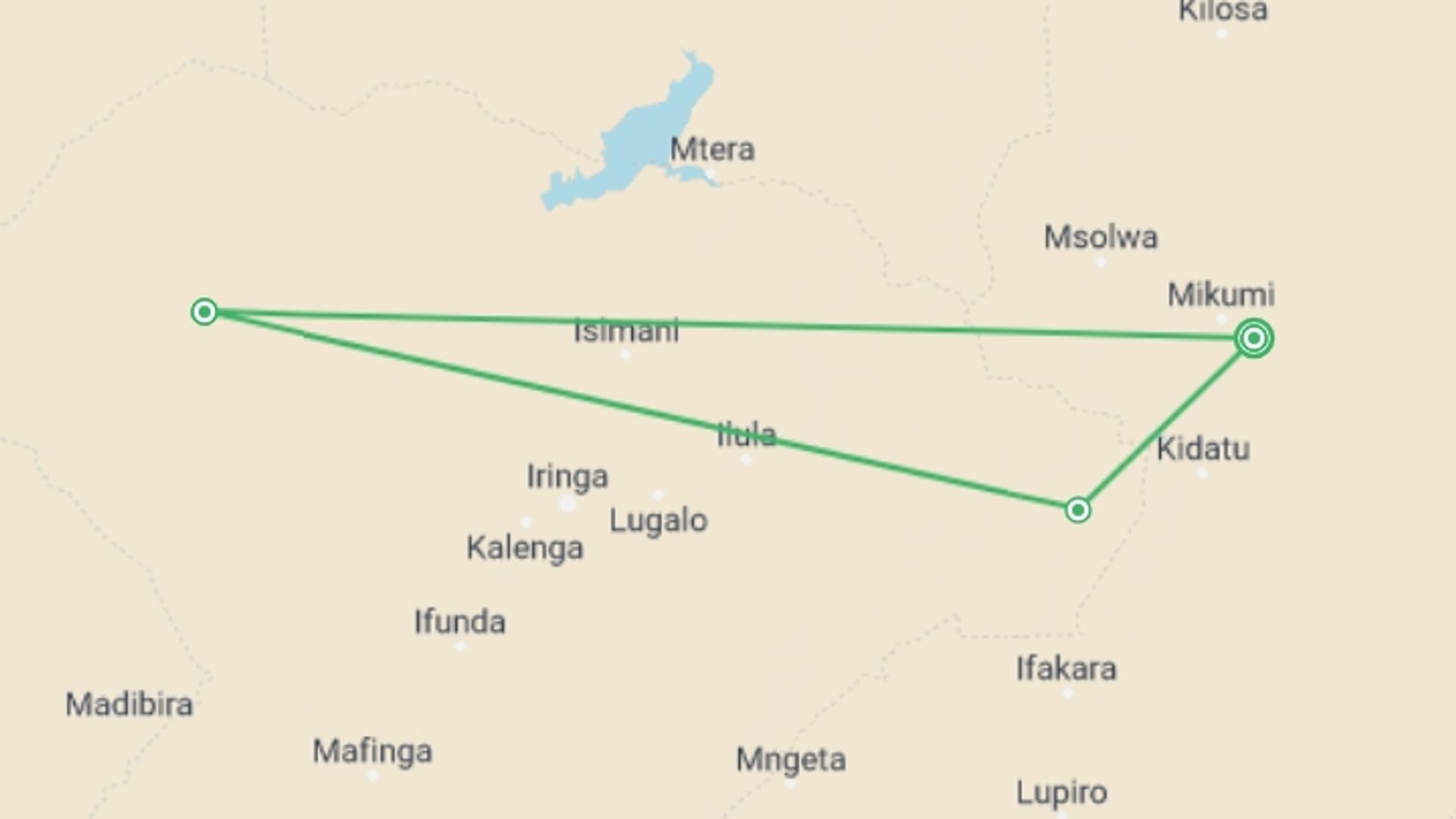 A map showing the tour itinerary for the trip: 7 Days Wildlife Encounter Safari – Best of Southern Tanzania, starting in Mikumi National Park, Tanzania and ending in Mikumi National Park, Tanzania going through 2 other destinations.