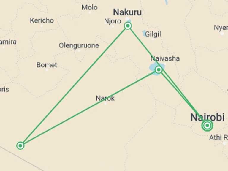 Map of Kenya Tour with 5 destination visits for the trip: Kenya Safari Migration & Cycling at Hells Gate Park 