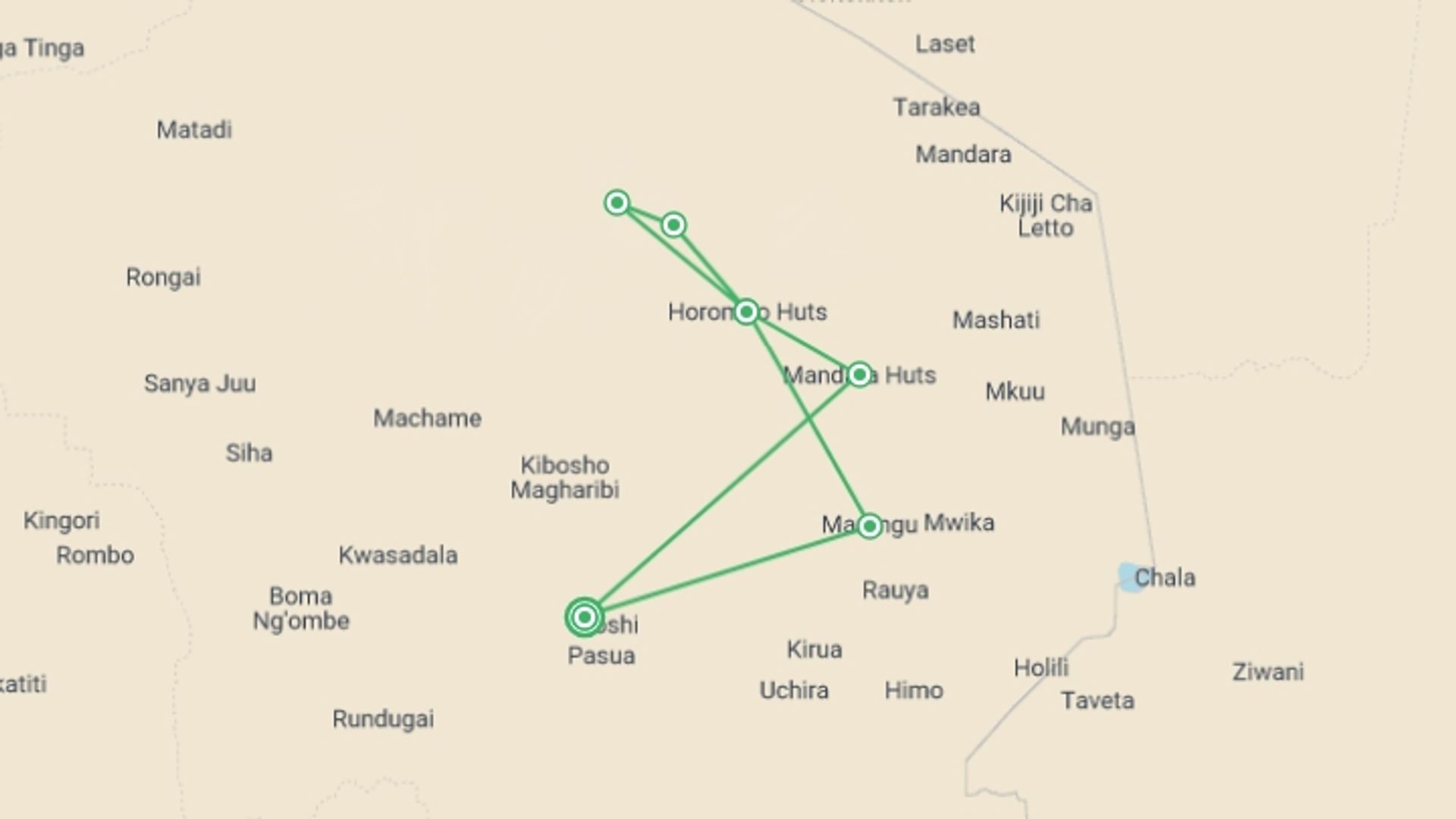 A map showing the tour itinerary for the trip: Mt. Kilimanjaro - Marangu route, 7 days, starting in Moshi, Tanzania and ending in Moshi, Tanzania going through 6 other destinations.