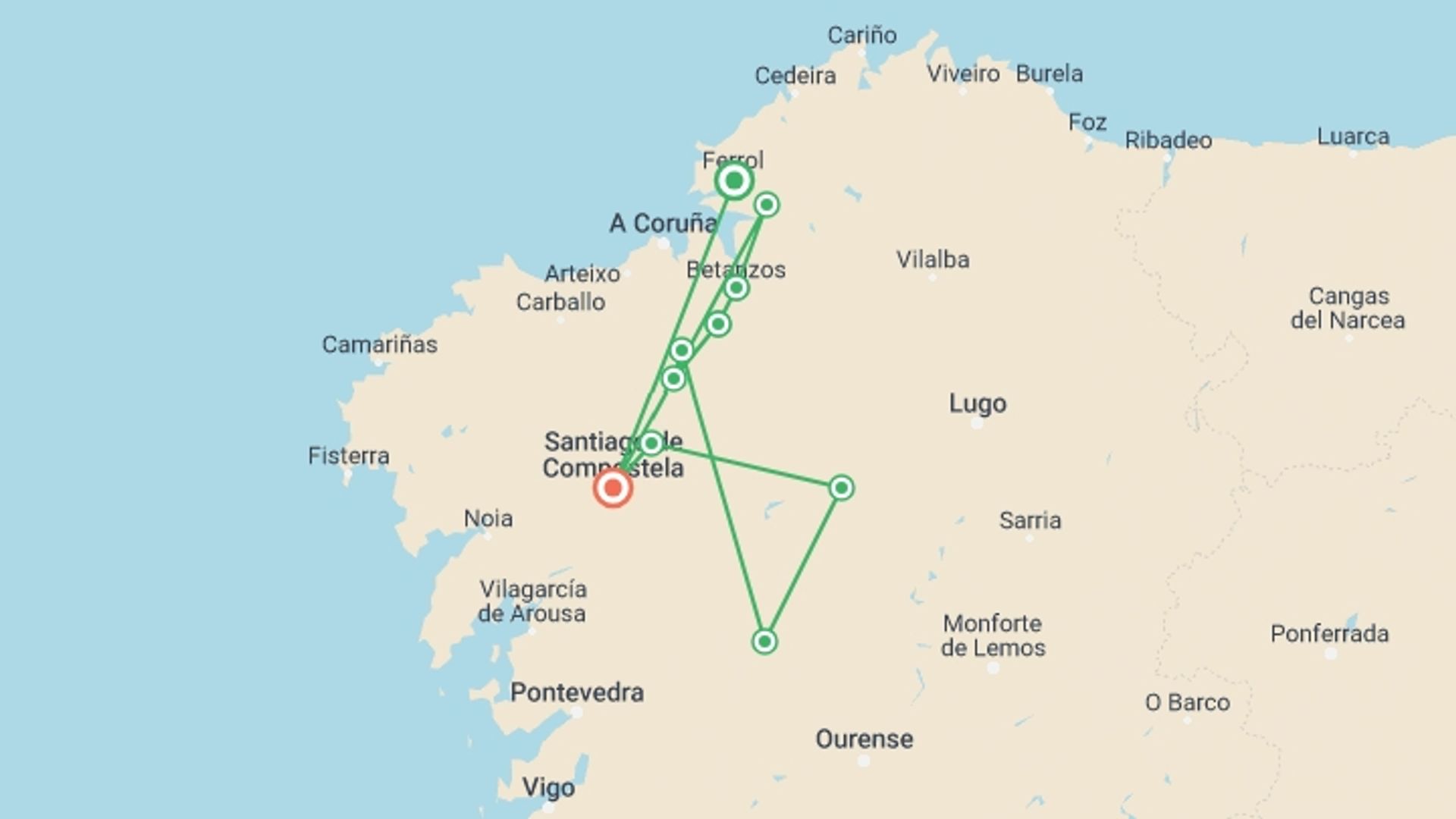 A map showing the tour itinerary for the trip: Camino Ingles: The English Way to Santiago de Compostela, starting in Ferrol, Spain and ending in Santiago De Compostela, Spain going through 4 other destinations.