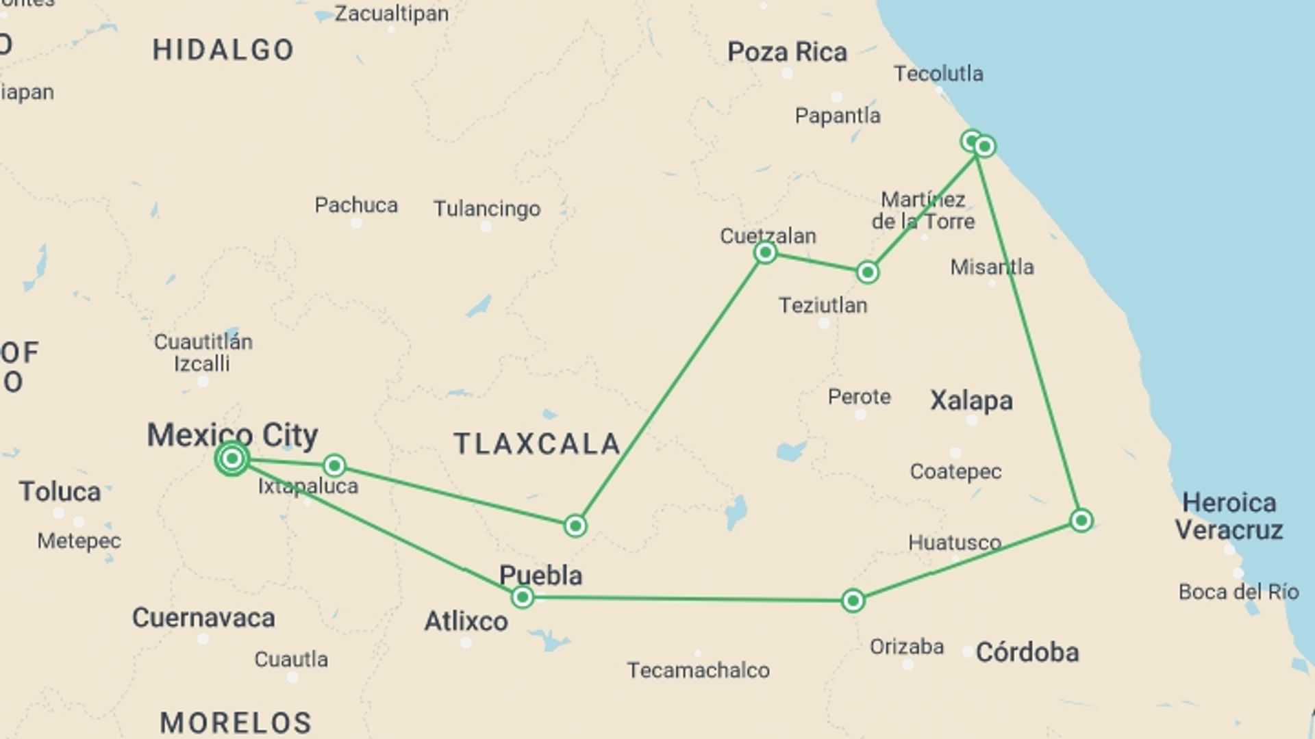 A map showing the tour itinerary for the trip: Veracruz Tour: Enjoy Mountains, Cascades And Know The Coast Culture  (15 Days), starting in Mexico City, Mexico and ending in Mexico City, Mexico going through 9 other destinations.