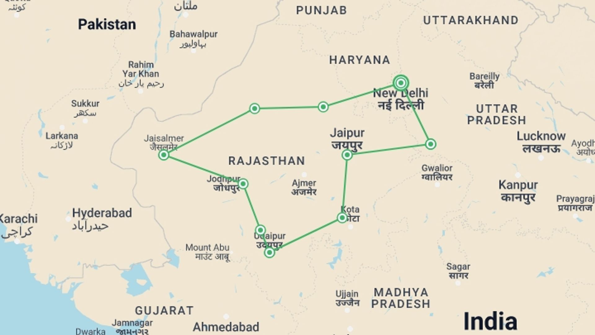 A map showing the tour itinerary for the trip: Royal Rajasthan Cultural Tour, starting in New Delhi, India and ending in New Delhi, India going through 9 other destinations.