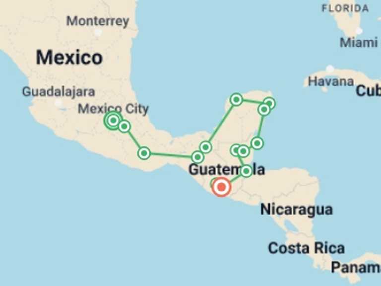Map itinerary of Mexico City Tour in Spring with 14 destination visits for the trip: Epic Mexico, Belize & Guatemala