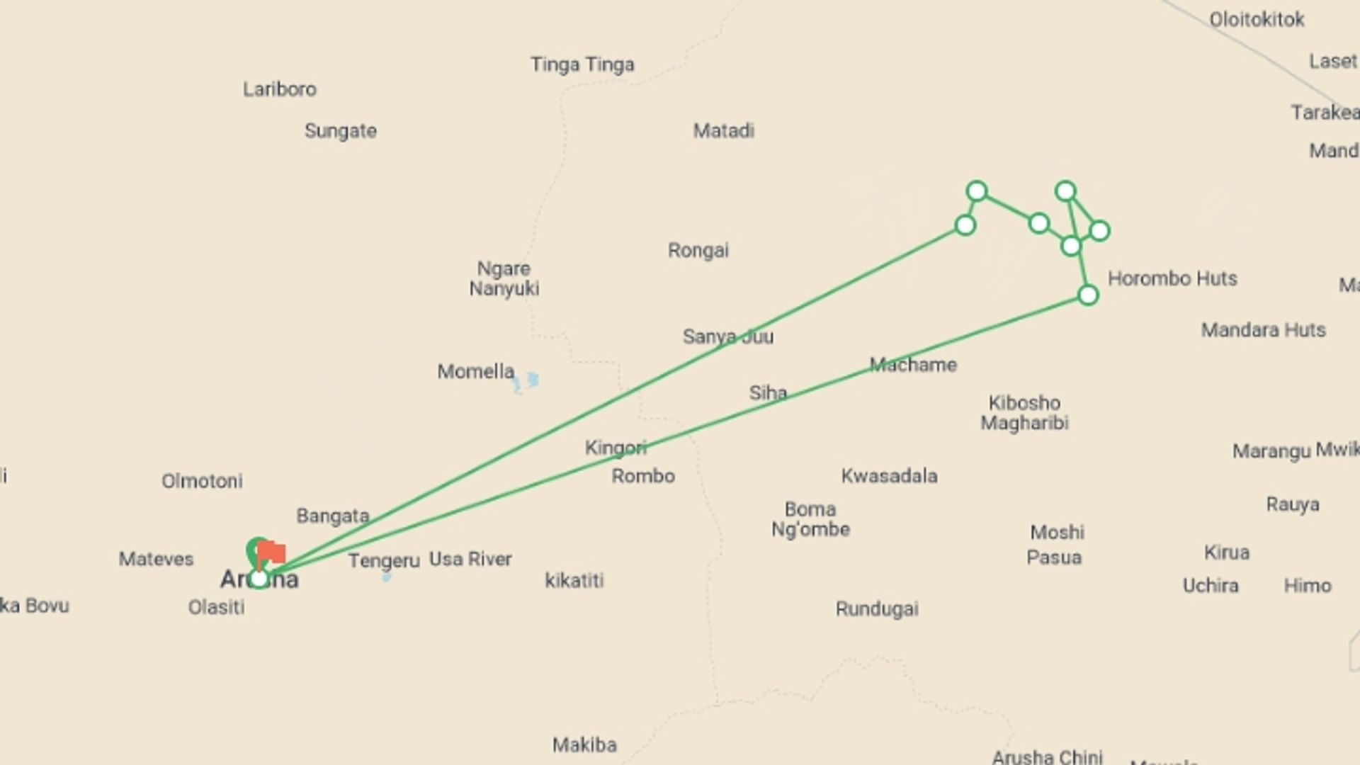 A map showing the tour itinerary for the trip: Kilimanjaro - Machame route, 7 day Private, starting in Arusha, Tanzania and ending in Arusha, Tanzania going through 8 other destinations.