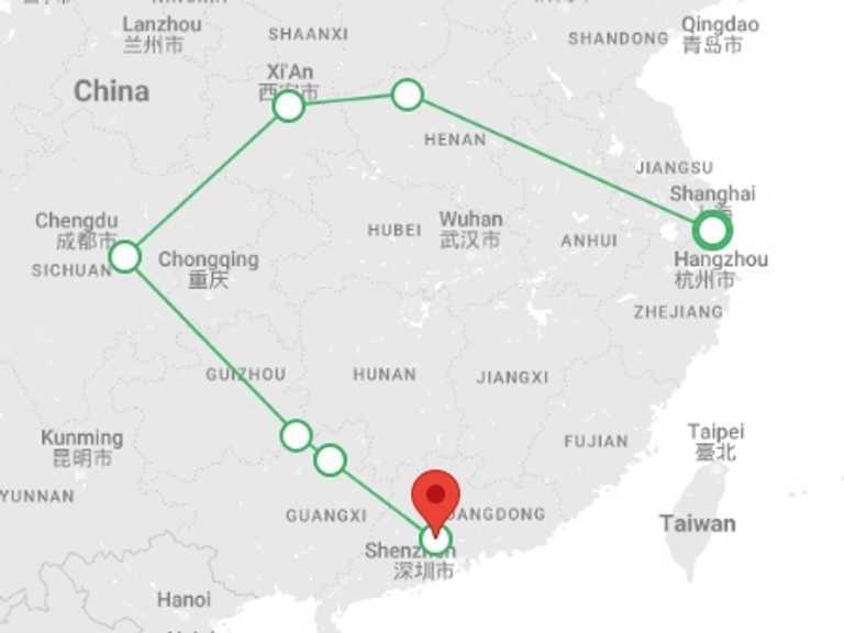 Map of China Tour with 7 destination visits for the trip: Discover China end Guangzhou