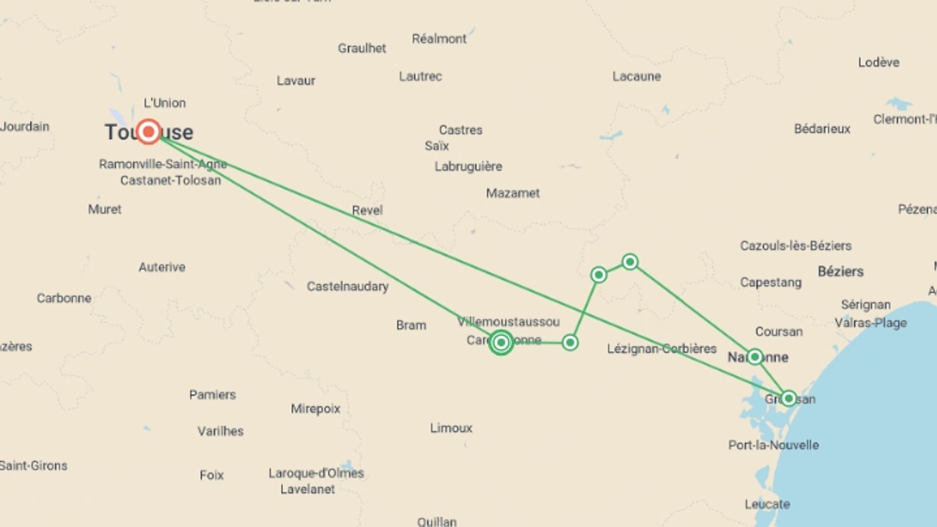 A map showing the tour itinerary for the trip: Cycling in France - Canals and Castles of the Midi, starting in Carcassonne, France and ending in Toulouse, France going through 5 other destinations.