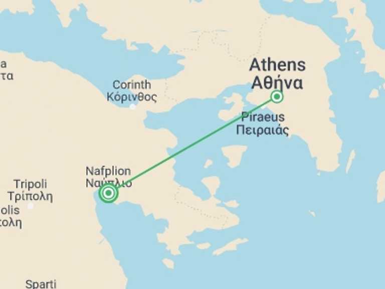 Map itinerary of Athens Tour in Fall with 2 destination visits for the trip: 2 Days Argolis Tour Epidavros, Mycenae, Nafplion