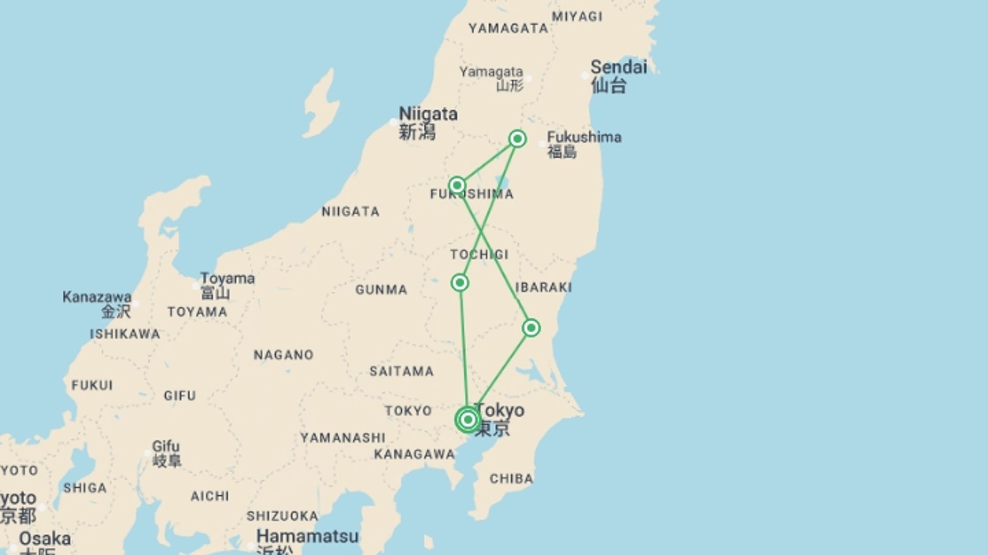 A map showing the tour itinerary for the trip: The Silver Route Tour: Hidden Gems of Japan, starting in Tokyo, Japan and ending in Tokyo, Japan going through 4 other destinations.