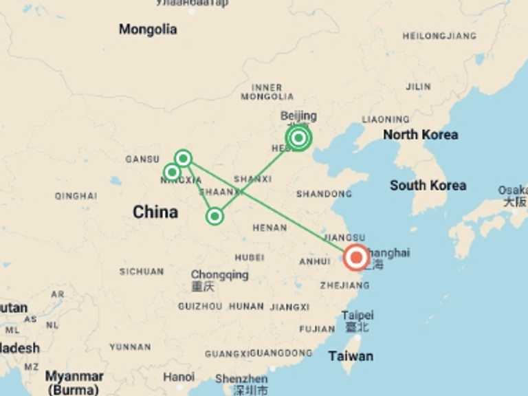 Map of China Tour with 5 destination visits for the trip: The Mysterious West Of China, Private Tour