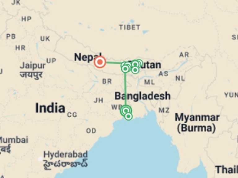 Map of Kolkata Tour with 14 destination visits for the trip: Discover Darjeeling and Bhutan
