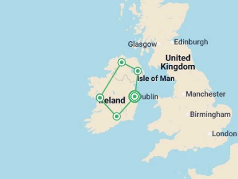 Map of Dublin City sightseeing Tour with 5 destination visits for the trip: Ireland in a Week Reunion 35 to 45