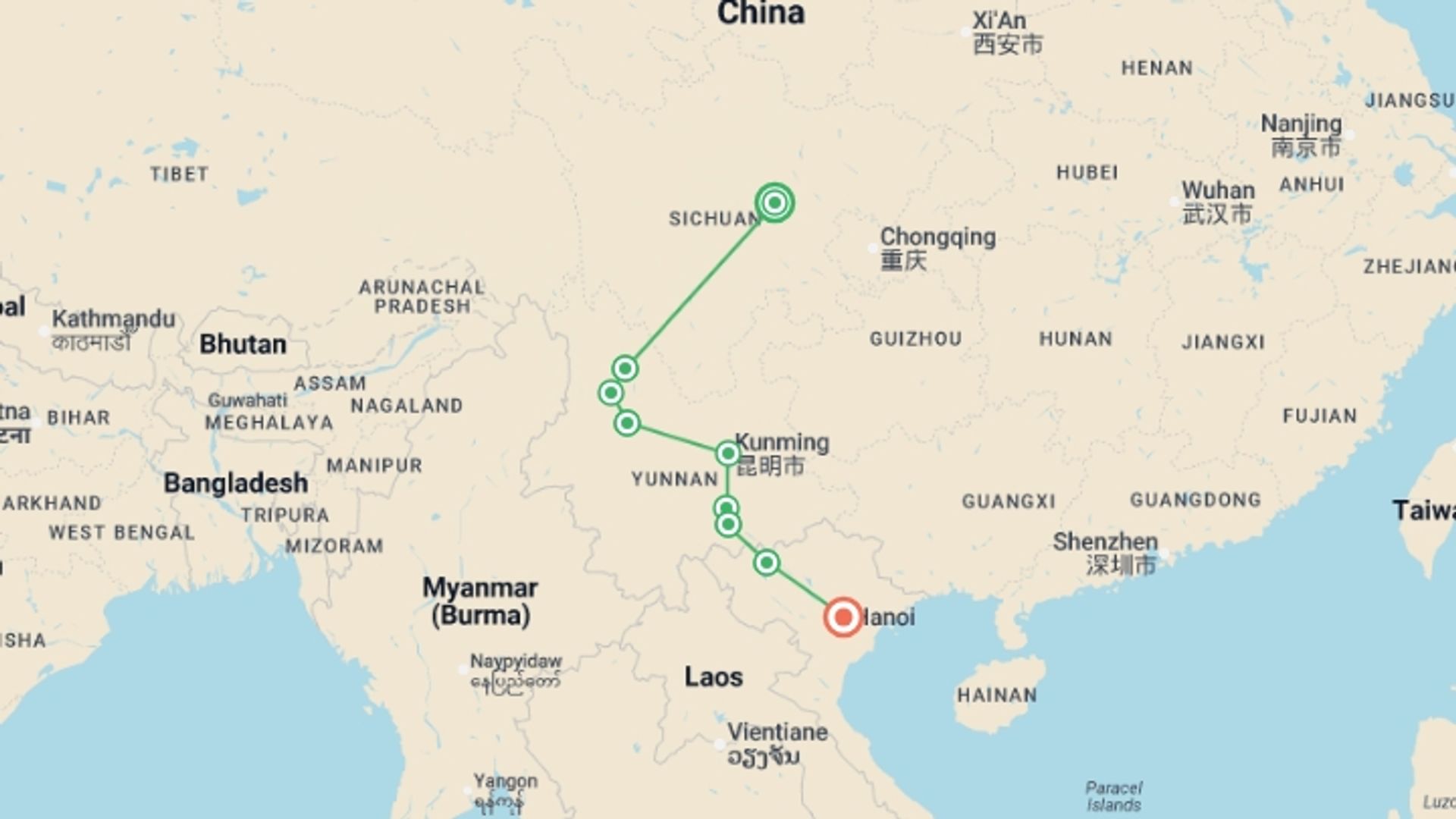 A map showing the tour itinerary for the trip: China & Vietnam: Chengdu to Hanoi, starting in Chengdu, China and ending in Hanoi, Vietnam going through 7 other destinations.