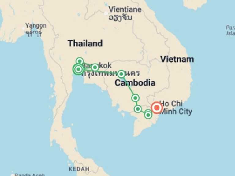 Map itinerary of Asia Tour in March 2027 with 8 destination visits for the trip: Cycle Southeast Asia