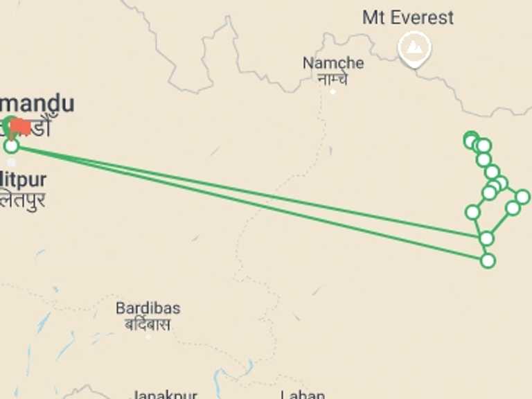 Map of 21-Day Kathmandu Tour with 16 destination visits for the trip: Makalu Base Camp Trekking  - Private Trip