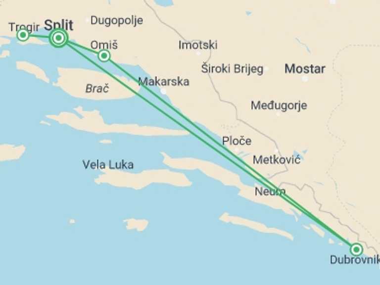 Map itinerary of Split Tour in October 2026 with 4 destination visits for the trip: Dalmatian Coastline, Self-drive