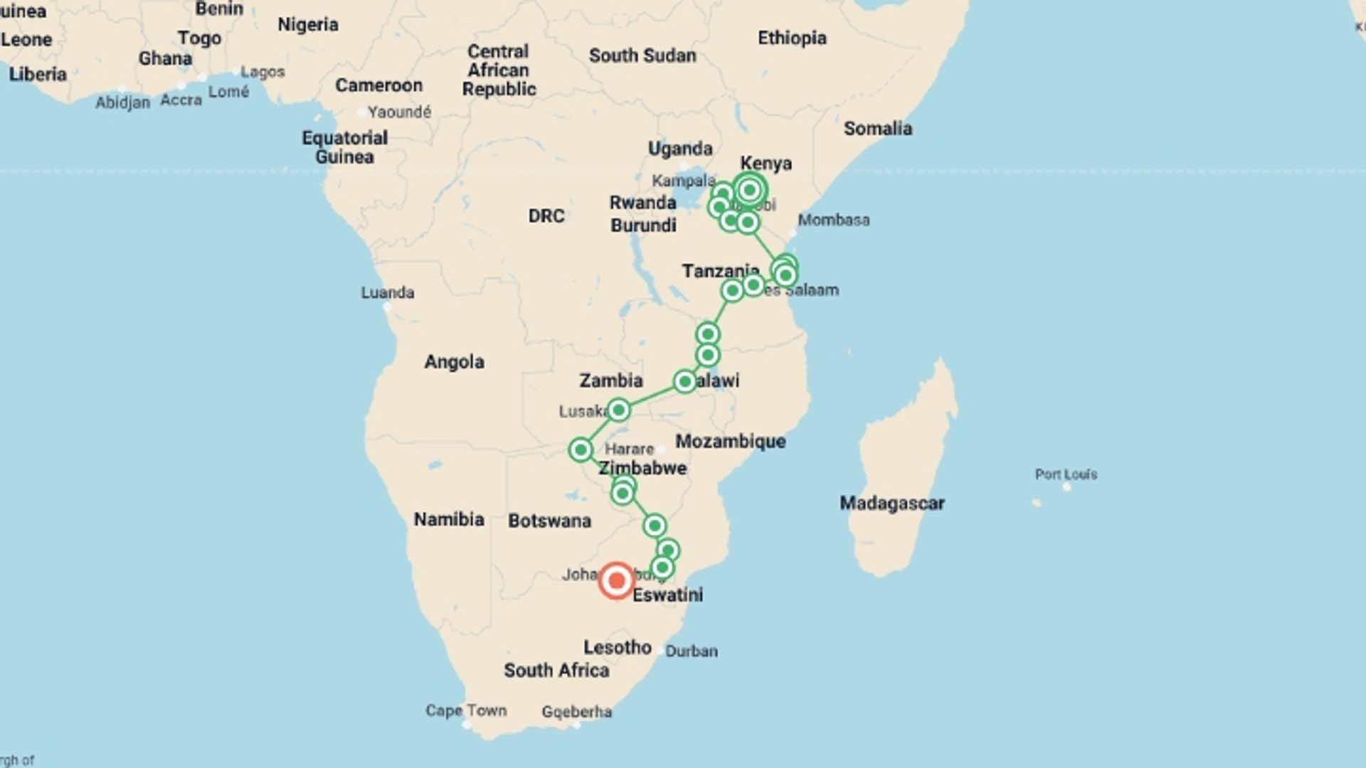 A map showing the tour itinerary for the trip: 31-day Masai Mara to Victoria Falls  Kruger Camping, starting in Nairobi, Kenya and ending in Pretoria, South Africa going through 18 other destinations.