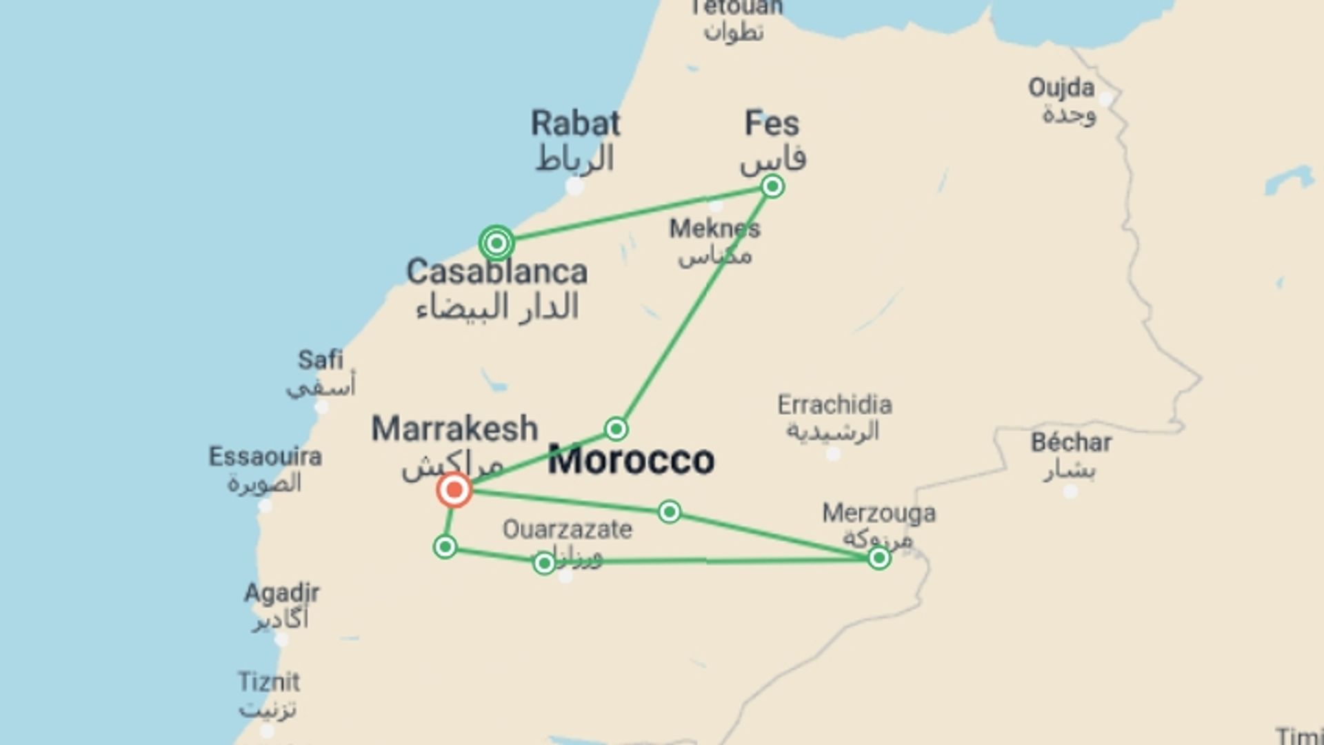 A map showing the tour itinerary for the trip: Morocco North and South: Mountain Villages and Ancient Kasbahs, starting in Casablanca, Morocco and ending in Marrakech, Morocco going through 6 other destinations.