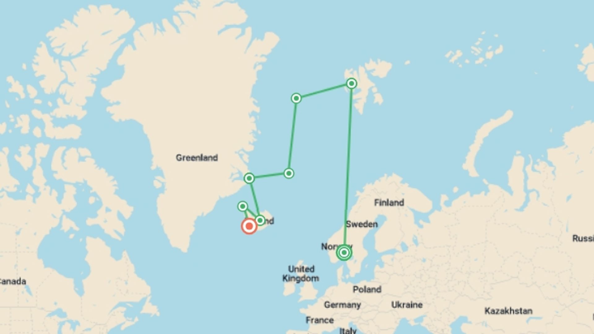 A map showing the tour itinerary for the trip: Spitsbergen, Greenland and Iceland Solar Eclipse Departure - M/V Greg Mortimer, starting in Oslo, Norway and ending in Reykjavik, Iceland going through 6 other destinations.