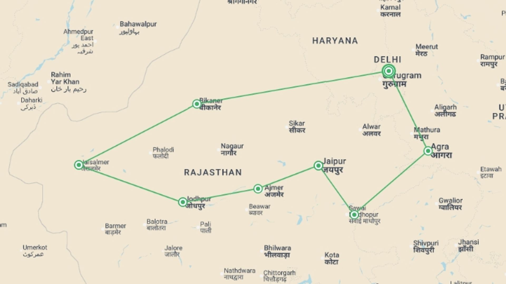 A map showing the tour itinerary for the trip: India: Rajasthan & Golden Triangle, starting in New Delhi, India and ending in New Delhi, India going through 7 other destinations.